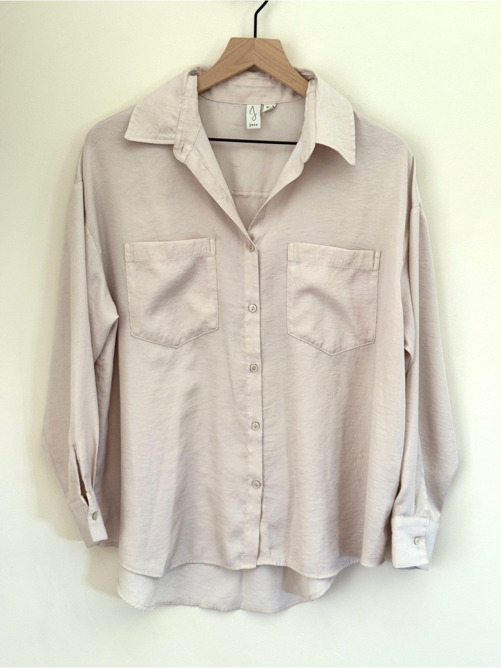 Joie Tan Cream Button Front Blouse Long Sleeve Hi Low Top Size Medium